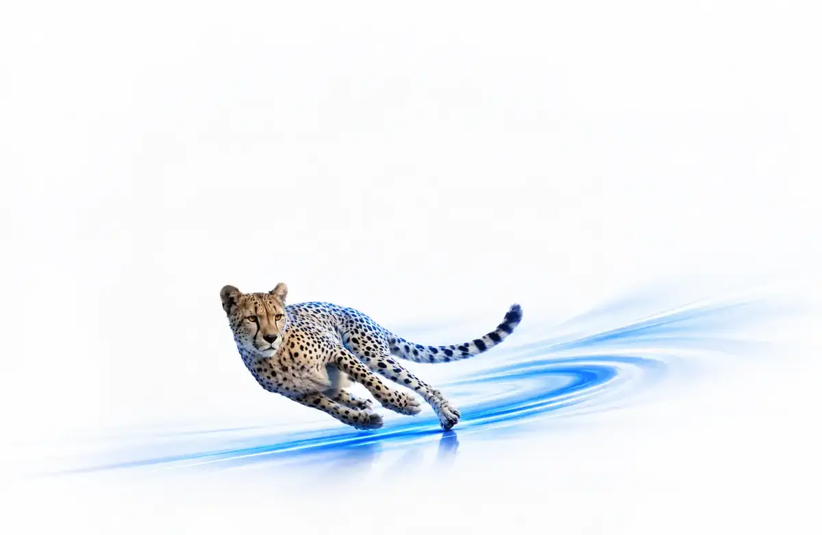 Laufender Gepard mit pinken und blauen Lichtspuren.